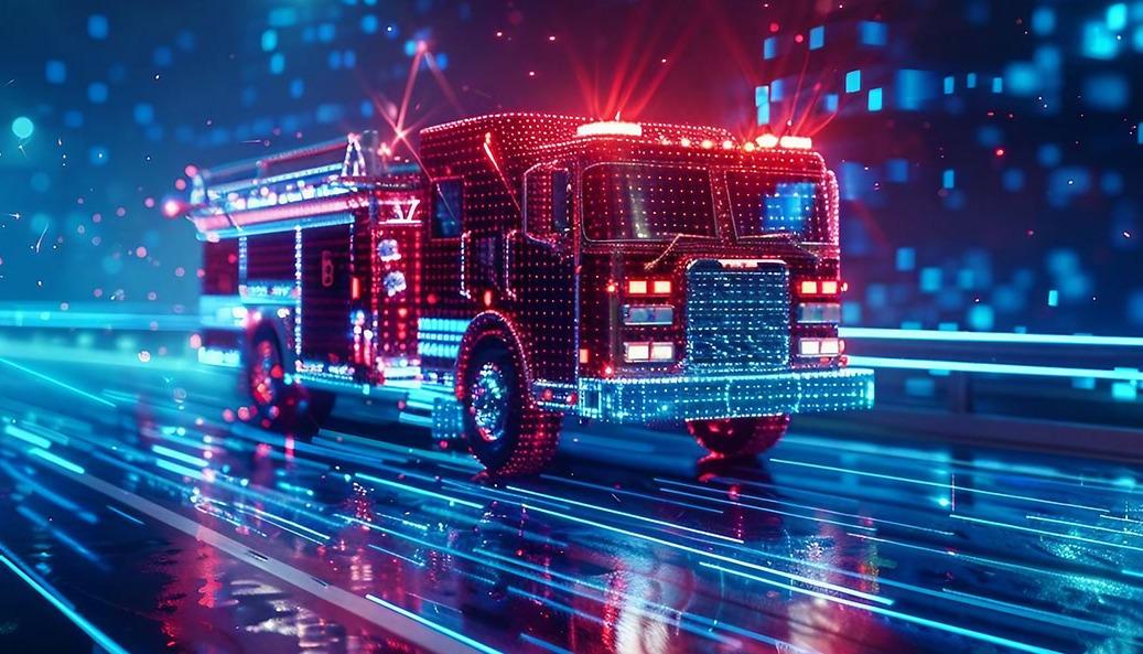 Un camión de bomberos renderizado digitalmente con luces de neón brillantes, circulando por una carretera futurista e iluminada con un fondo borroso y colorido.