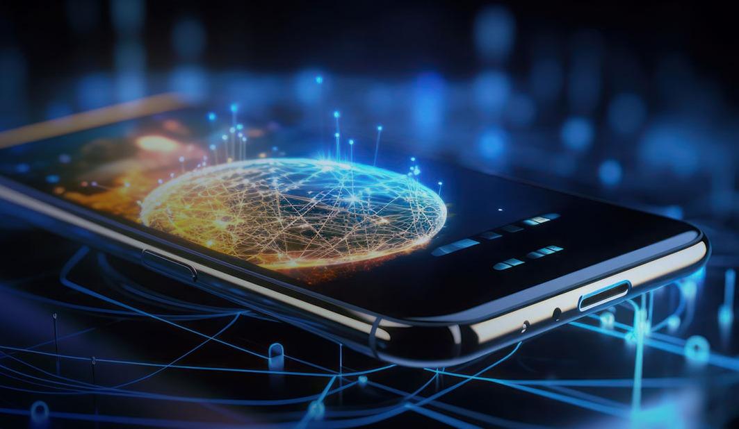 Teléfono inteligente que muestra un globo terráqueo digital luminoso con conexiones de red, que simboliza la conectividad global, sobre un fondo oscuro y futurista.