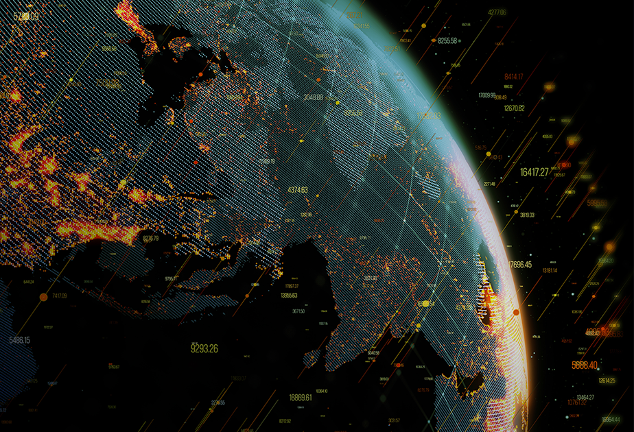 Représentation numérique de la Terre la nuit, mettant en évidence les villes illuminées et les points de données à travers les continents à l'aide de lignes quadrillées et de données numériques.