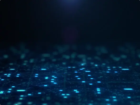 Una escena renderizada digitalmente que presenta un patrón en forma de cuadrícula de elementos azules brillantes sobre un fondo degradado de azul oscuro a negro, lo que sugiere una red digital o un tema tecnológico.